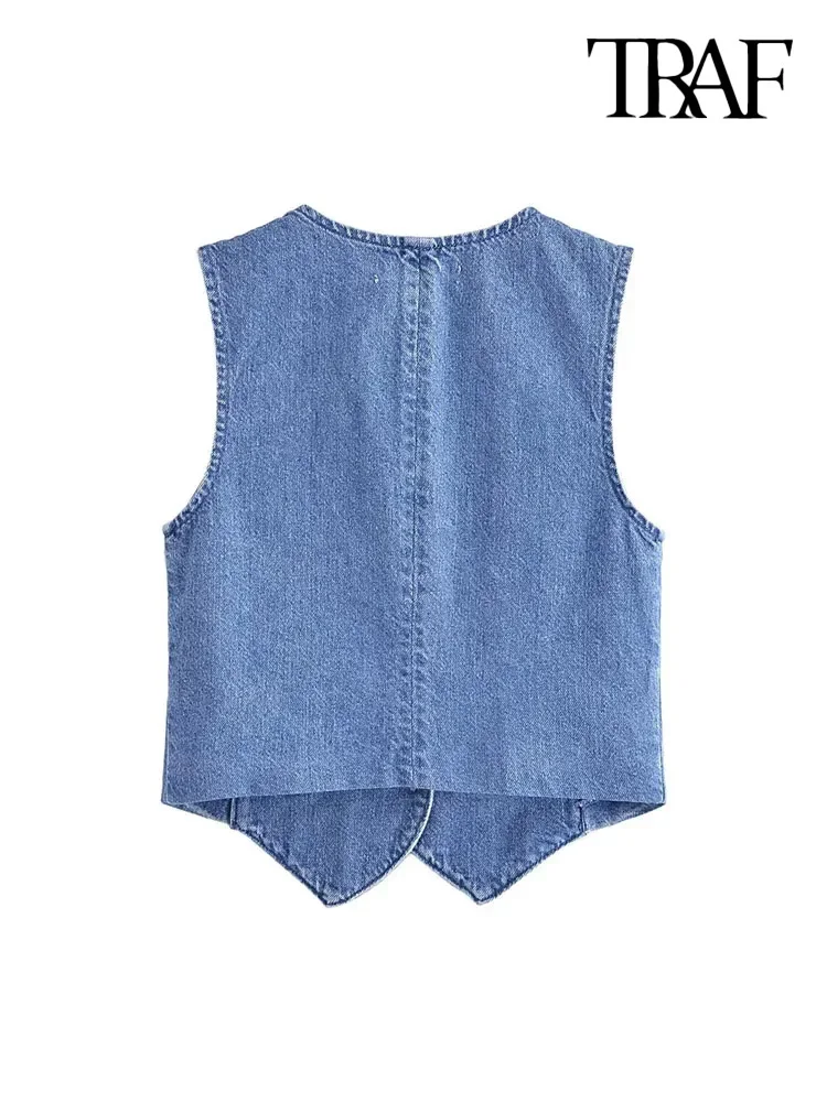 TRAF Women Fashion Front Button Denim Waistcoat Vintage V Neck Sleeveless Female Outerwear Chic Vest Tops 2