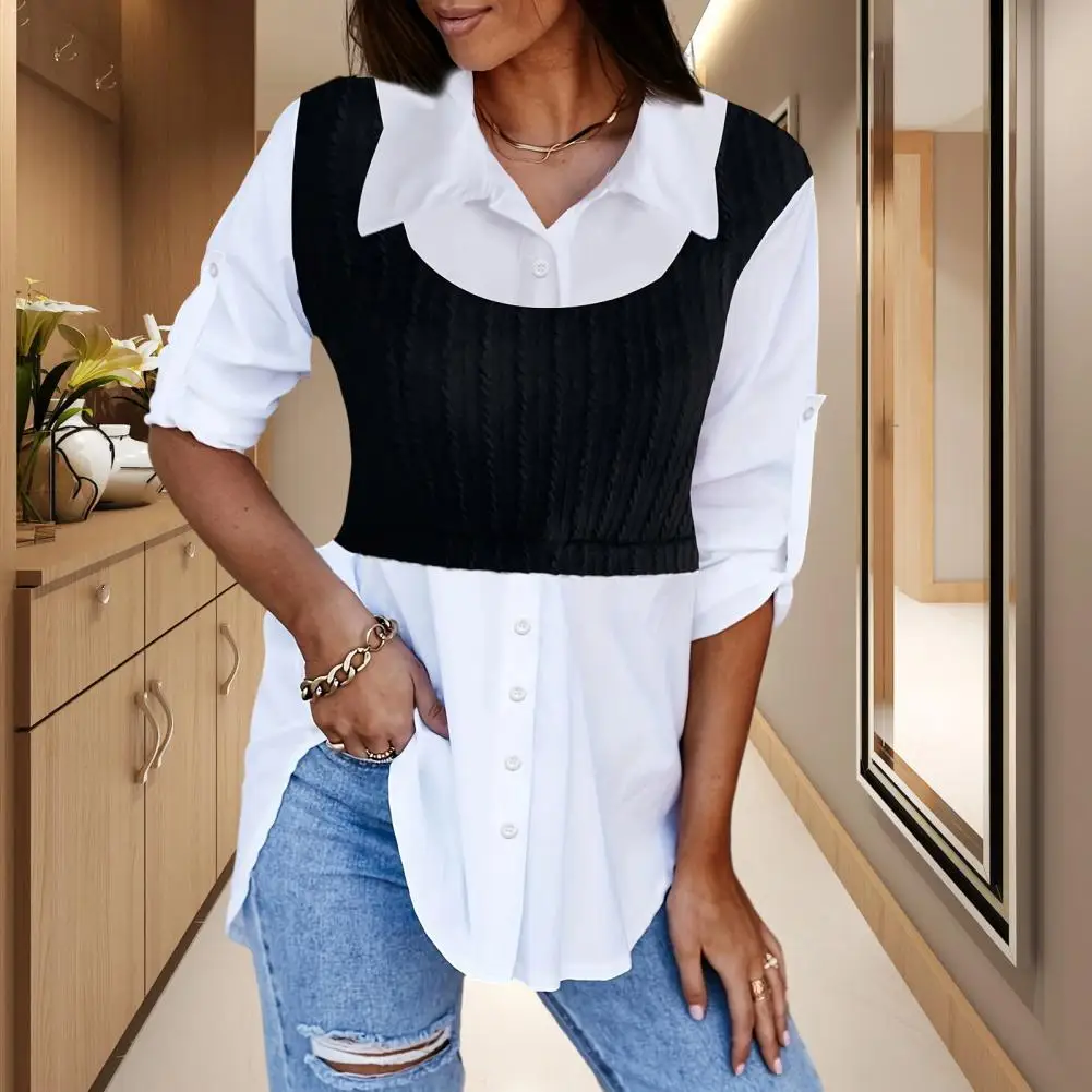 

Fall Spring Women Shirt Fake Two-piece Patchwork Lapel Long Sleeve Shirt OL Commute Style Casual Mid Length Lady Top
