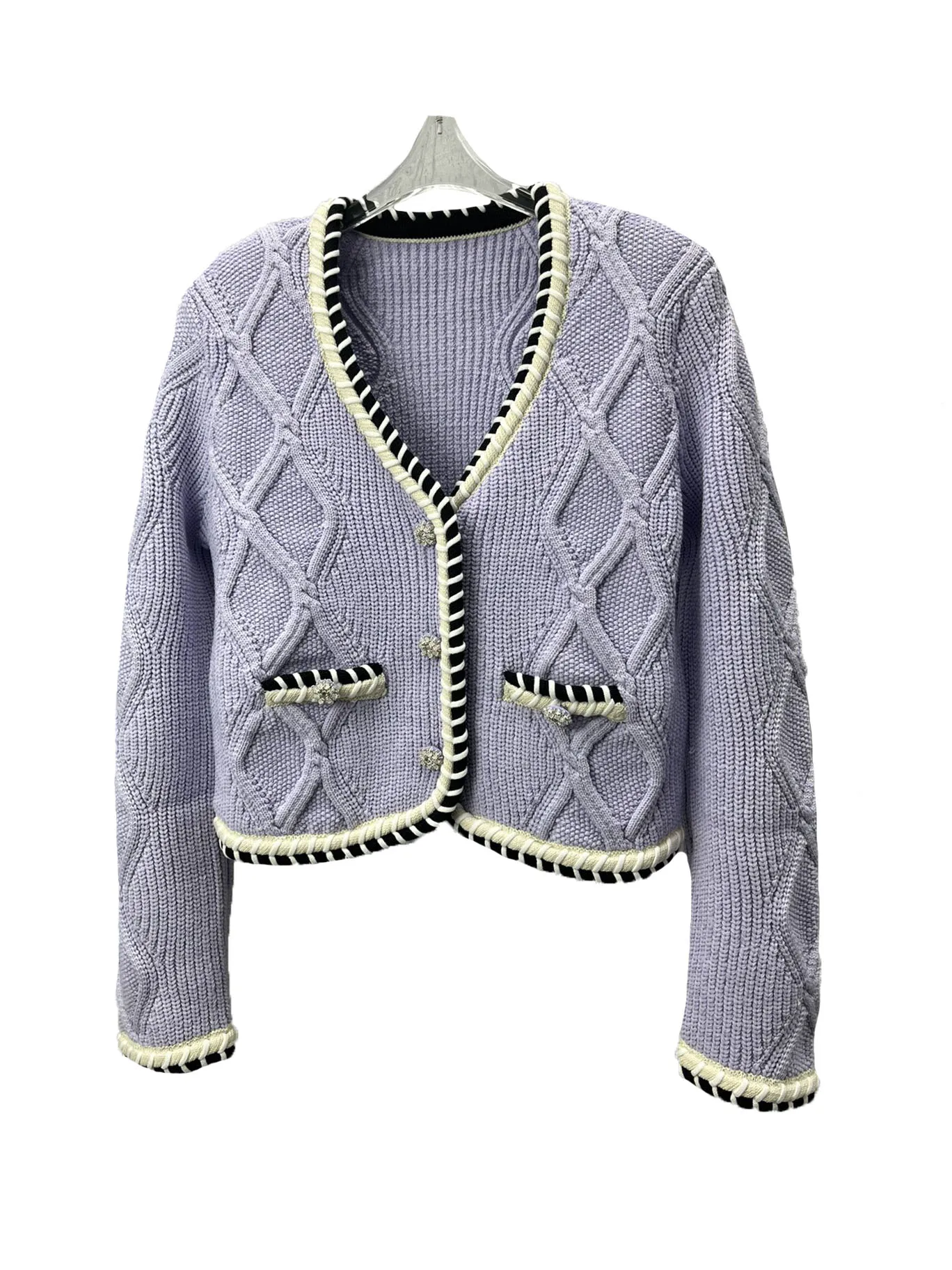 

Cardigan jacket round neck short loose version hit color single-breasted design warm and comfortable 2023 winter new 1202