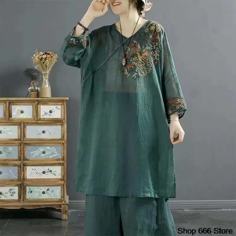 

Female Cotton Linen Top Traditional Chinese Women Clothes Retro Embroidery Dress Thin Comfortable Loose Fitting Tang Shirt Hanfu