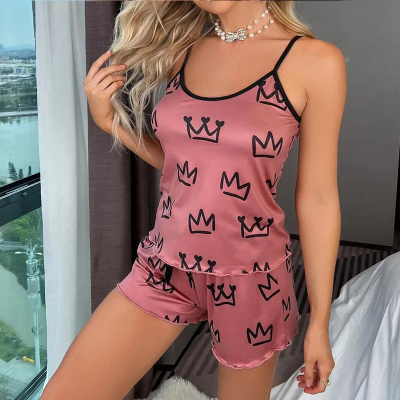 Women Pajamas Set Y2K Cute Crown Cartoon Print Pajamas Top and Shorts Sleepwear 2Pcs Loungewear Sexy Pyjamas for Girls Summer