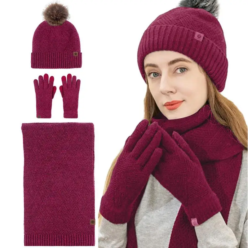 

Winter Wool Beanie Hat Scarf Gloves Set For Women Beanie With Pom Long Scarf Neck Warmer Gloves