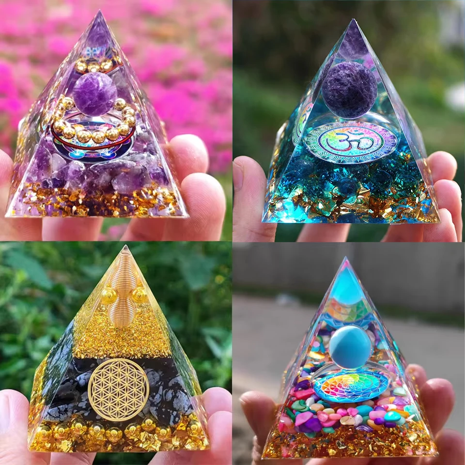 Energy Generator Orgone Pyramid Amethyst Peridot Healing Natural Crystal Reiki Chakra Generator Orgonite Pyramid Meditation Tool