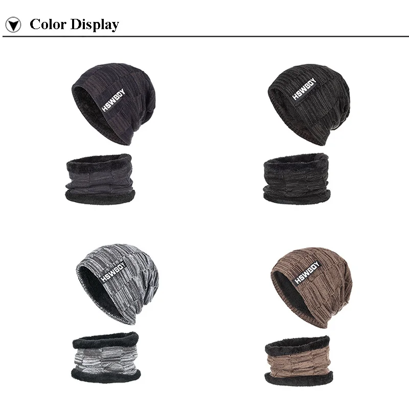 Winter Men Beanie Hat Scarf Set Knitted Warm Skullies Neck With Thicken Lined Male Scarf Cap Set