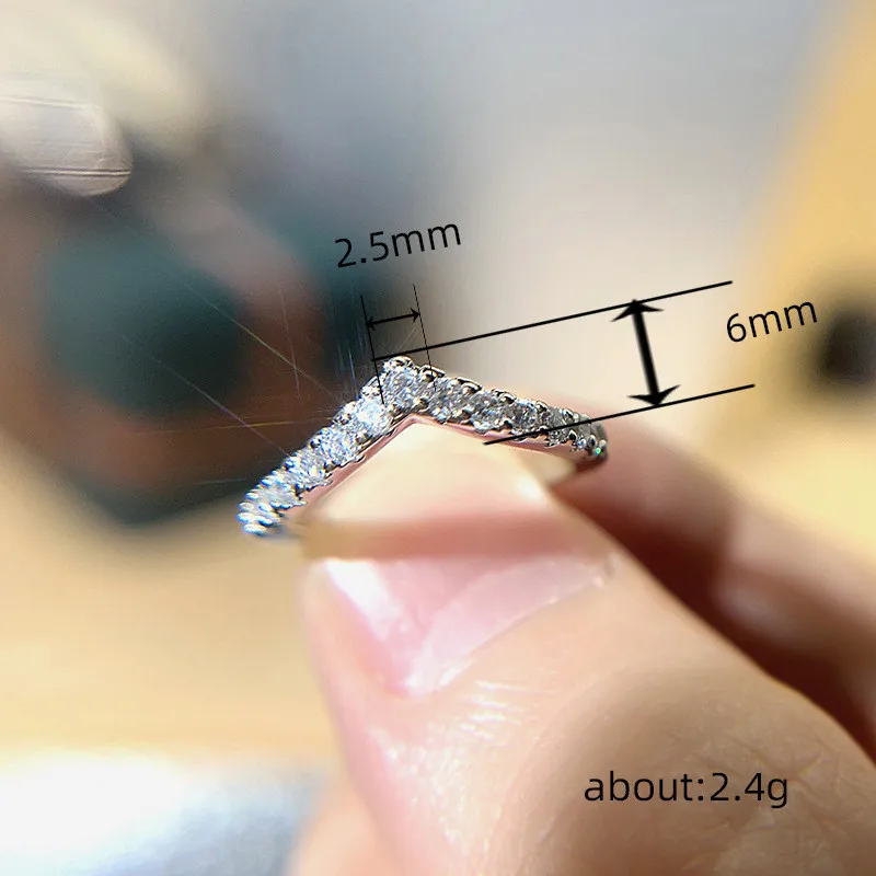 Women 925 Sterling Silver V-Design Cubic Zirconia Ring Elegant Bridal Wedding Party Accessory