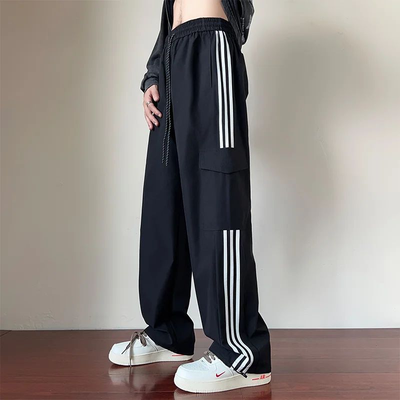 

Spring and Autumn Men's Style Splicing Stripes High Waist Loose Elastic Classic Classic Wide Leg Pants Fashion Casual Trousers