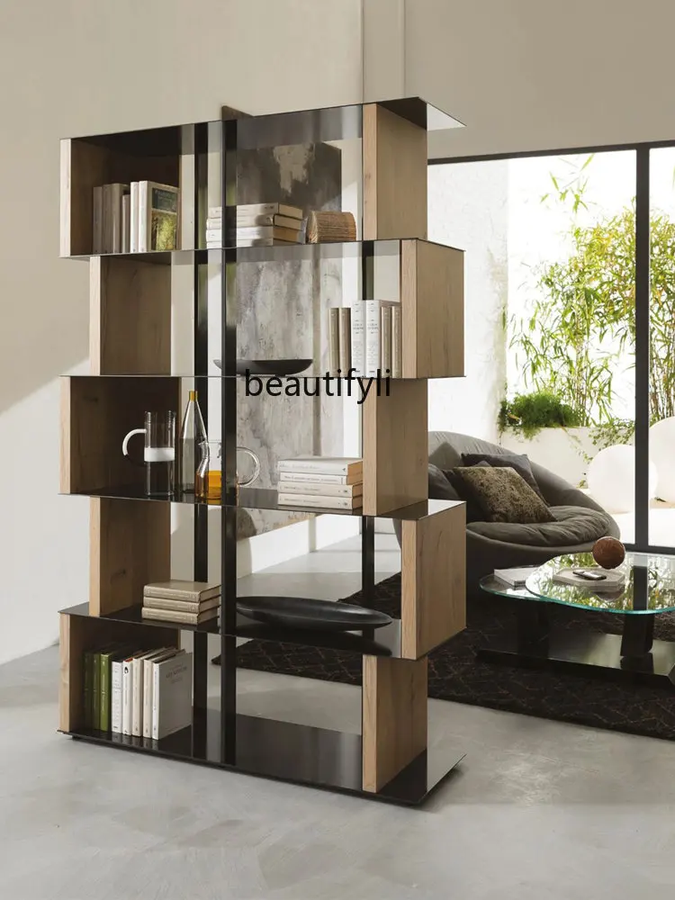 

Minimalist Bookshelf Floor Stainless Steel Bookcase Metal Shelf Partition Solid Wood Display Shelf