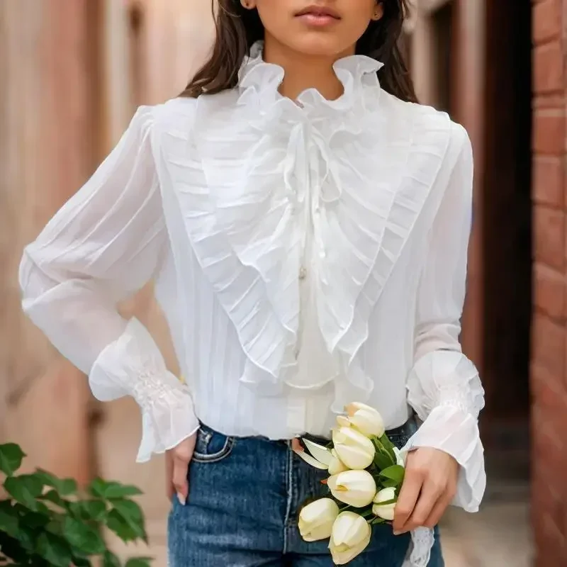 

Edible Tree Fungus Stand Collar Chiffon Blouse Women Casual Design Long Sleeve White Shirt Woman Flare Sleeve Ruffled Tops 29719