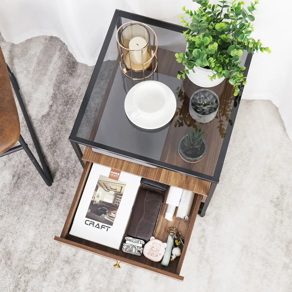 LUVODI Modern Tempered Glass Sofa Side Table Bedside Night Stand with Drawer 3-Tier Living Room Storage End Table
