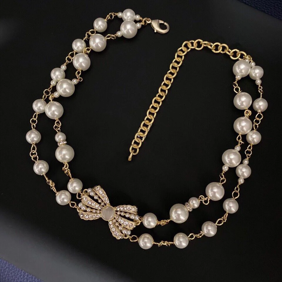 2022 Hot Trend Brand Bow Knot Pearl Diamond Inlaid Double Row Chain Necklace Jewelry Sterling Silver Seiko Customization