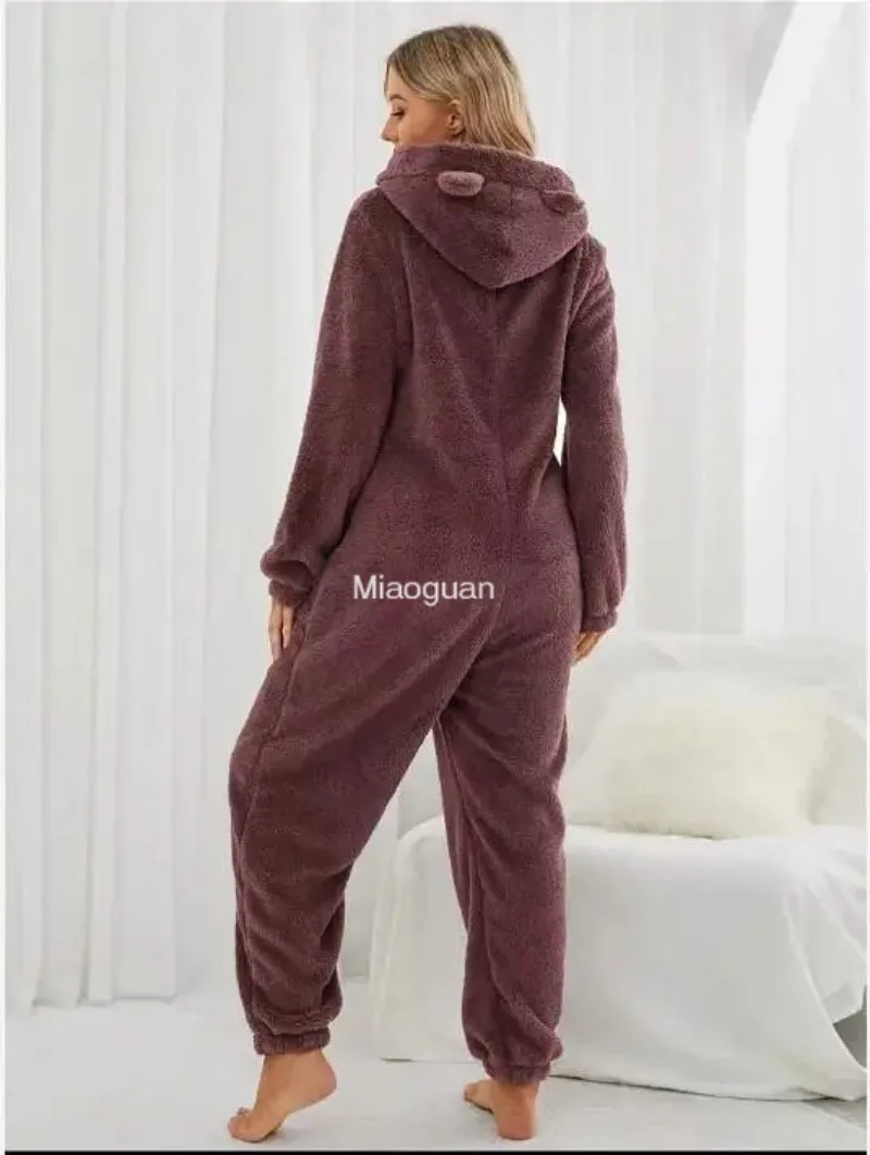 Fashion Autumn Winter New Jumpsuits with Zipper Female Sleepwear Overall  Hood Pajamas for Women's Warm Pyjamas Comfortable Lady
