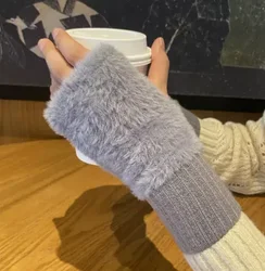 Women's Luxury White Plush Mink Fleece Fingerless Gloves (GRAY)