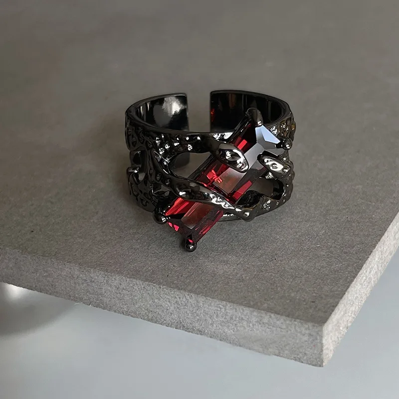 Gothic Punk Red Flame Vintage Geometric Irregular Metal Ring