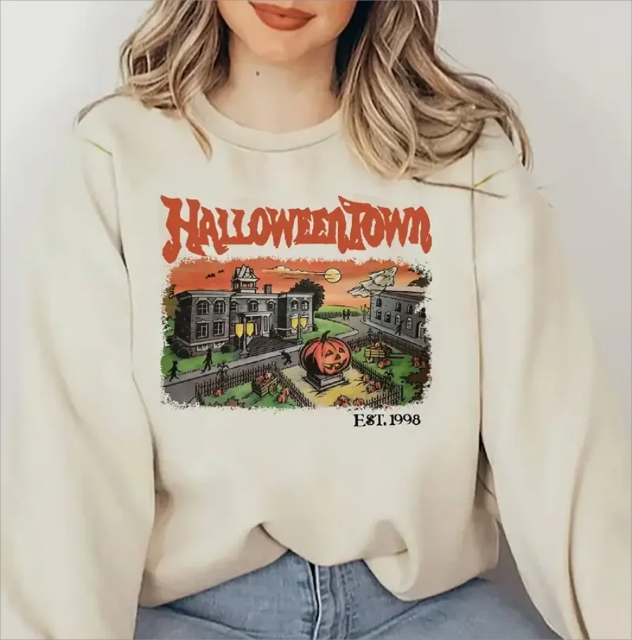 

Halloween Town Print Pullover Sweatshirt Casual Long Sleeve Crew Neck Sweatshirt For Fall Winter Women's Clothing