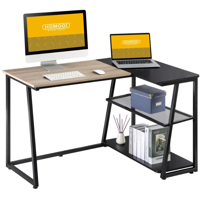 

Modern 47.2 in L Shaped MDF Portable Computer Desk with Shelves, Black/Beige
