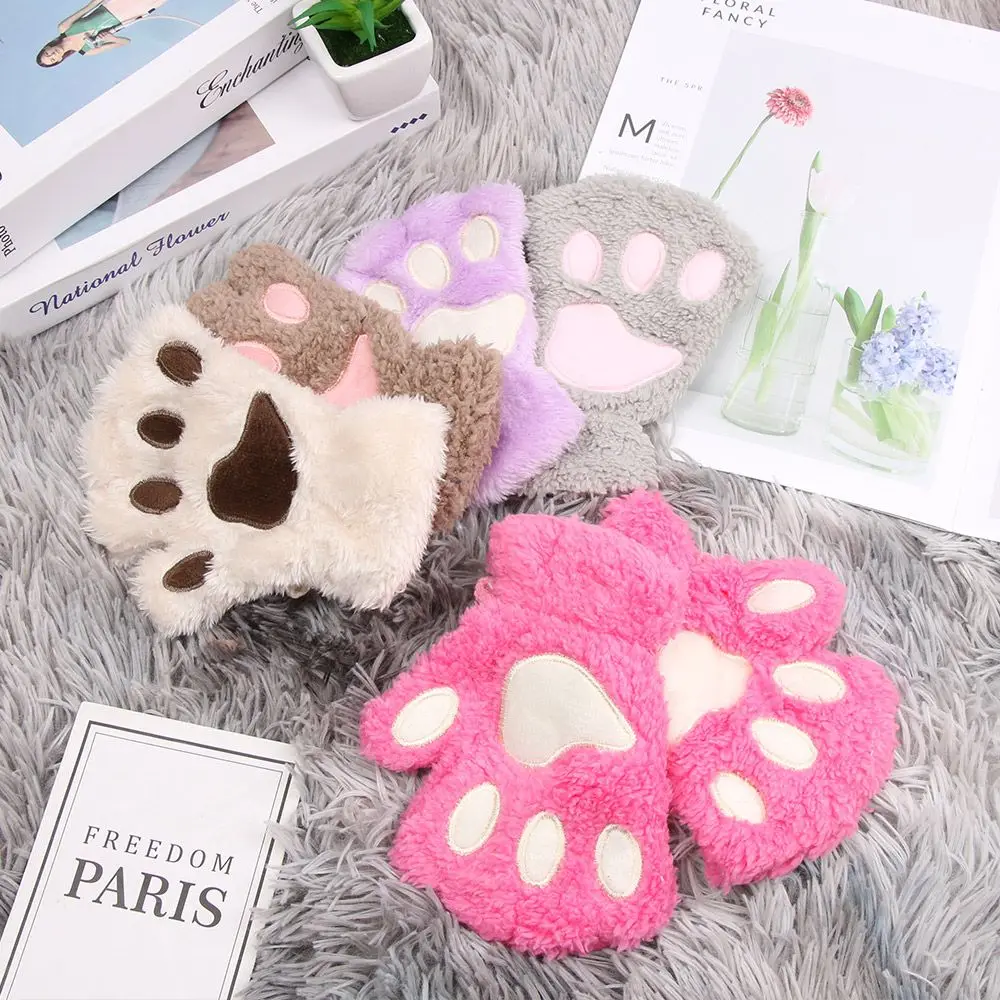 Fashion Warm Plush Warm Fluffy Fingerless Cat Paw Mittens Children Gloves