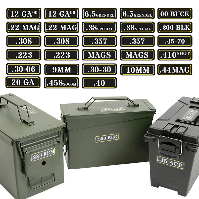 

Ammo can Sticker .22 .223 .308 .300 .380 5.56 7.62 9MM 12GA .357 6.5 CM 20GA Vinyl Skin Sticker for Bullet Variety labels