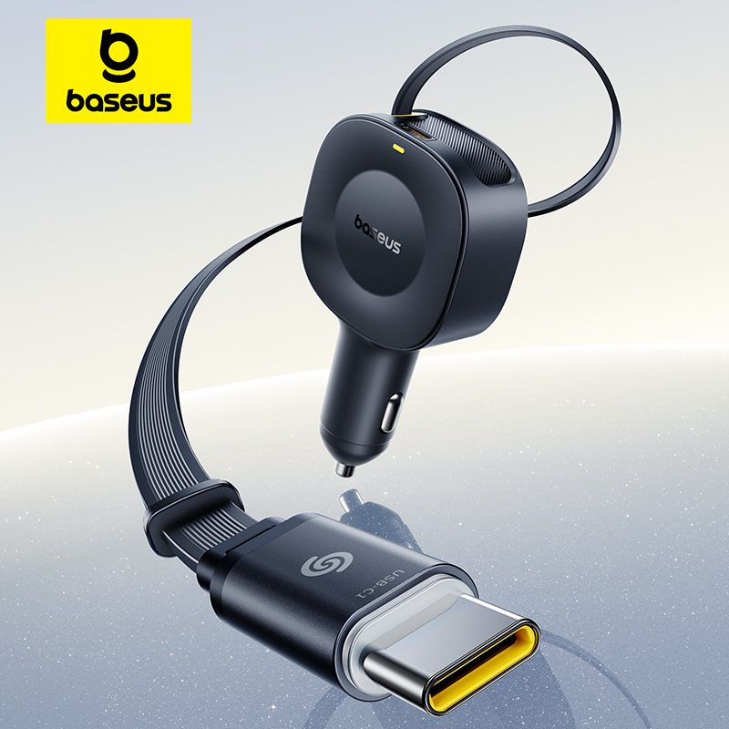 Baseus 30W Fast Car Charger Retractable Cable Dual Type-C USB-C Quick Charging 360° Rotation For iPhone Samsung Motorola Tablets