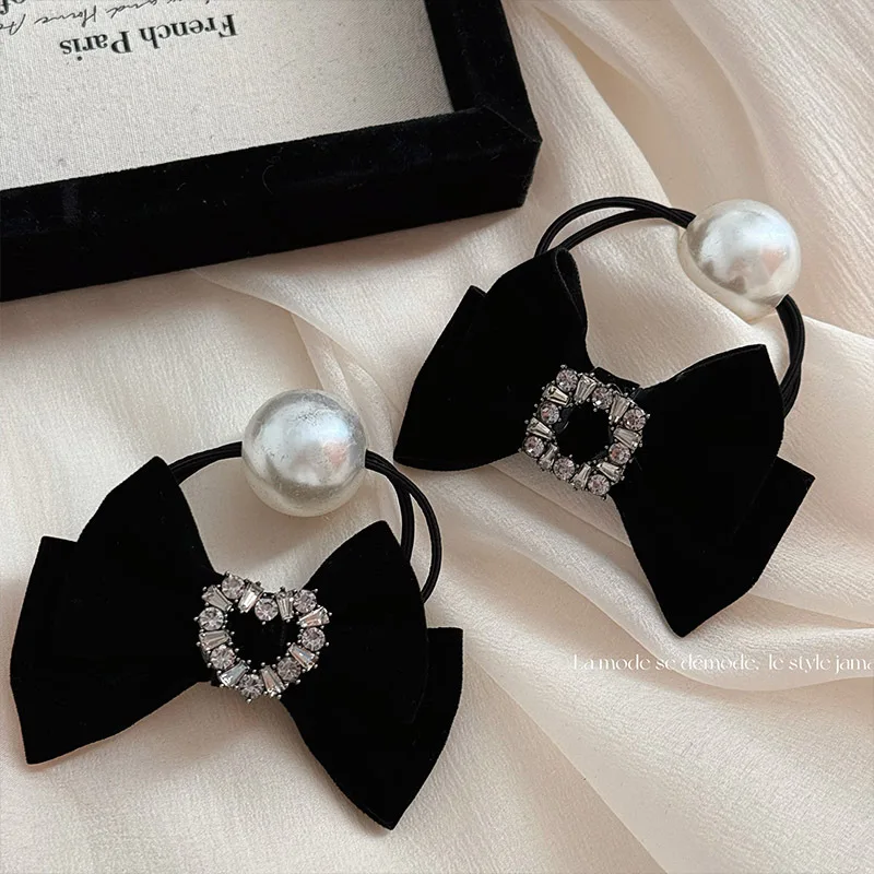 Retro schwarzer Samt Strass Bogen Perle Haars eil elegante Haarring Rücken Kopf niedriges Haar Zubehör für Pferdes chwanz Frauen