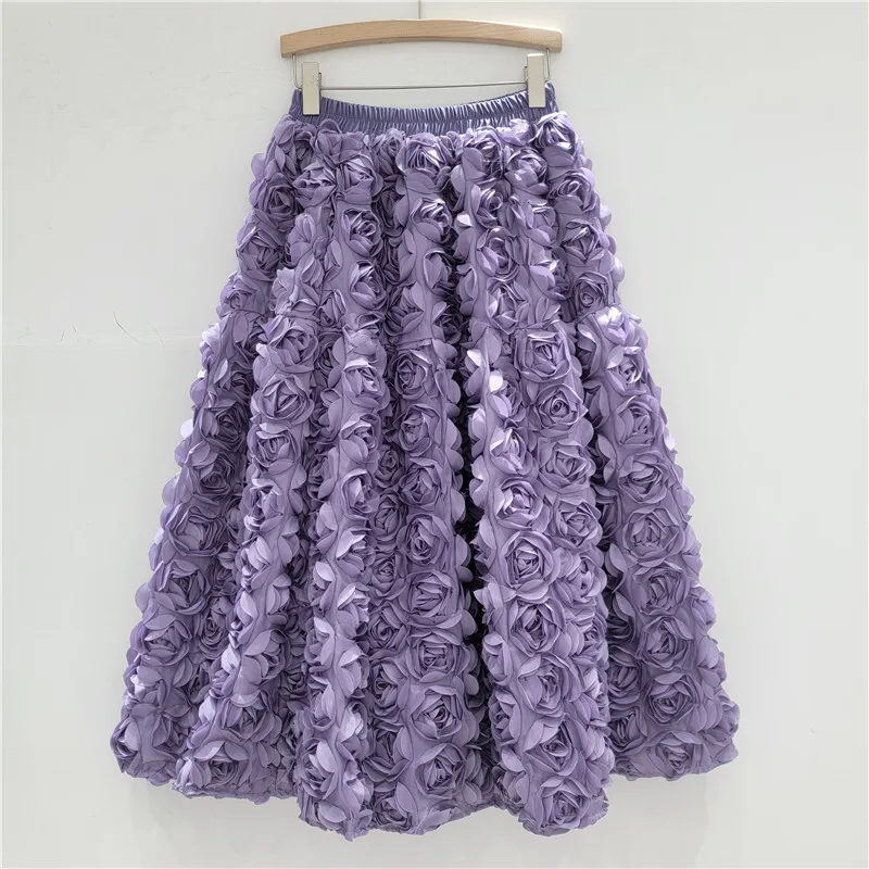 DEAT 2024 Autumn New Versatile Three Dimensional Flower Mid-calf Skirt High Waist Big Swing Fashion A-line Skirts Female 33A2033