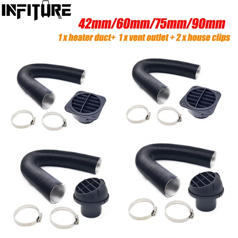 42mm/60mm/75mm/90mm Diesel Heater Duct Hose Pipe Warm Air Outlet Vent + Hose Clips for Webasto Diesel Parking Heater
