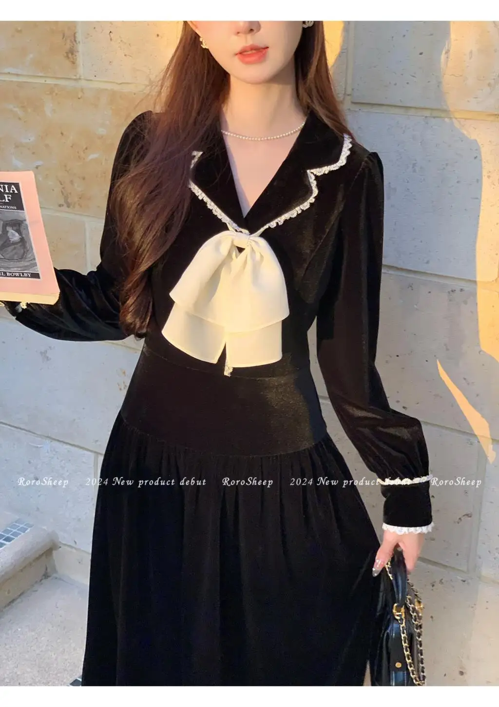 Elegant Vintage Lapel Midi Dresses for Women Bow Long Sleeve Birthday Party Dress A-line Autumn New Korean Fashion Vestido Mujer