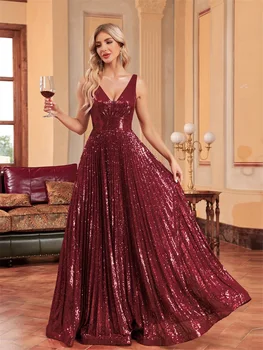 Luxury V Neck Long Sleeves Formal Evening Dress Women, Sequins Wedding Party Prom Maxi Cocktail Dresses Vestidos