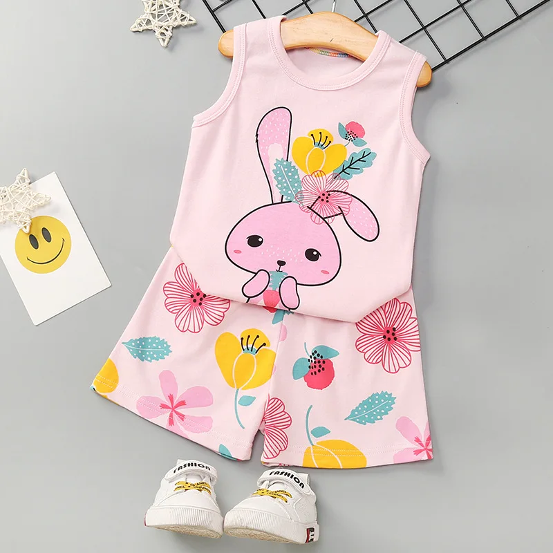 Girls Clothing Set Summer Cotton Sleeveless Flower Rabbit Cartoon Baby Outfits Floral Bunny 8 Girls