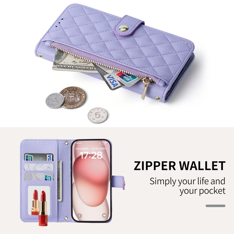Sleek Crossbody Grid Wallet Case with Stand, Strap, and Mirror - Leather Design with Card & Cash Slots