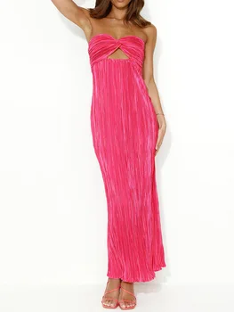 Women Long Bodycon Dress Solid Color Strapless Cutout Ruched Boat Neck Backless Tube Dress Summer Party Dress 4