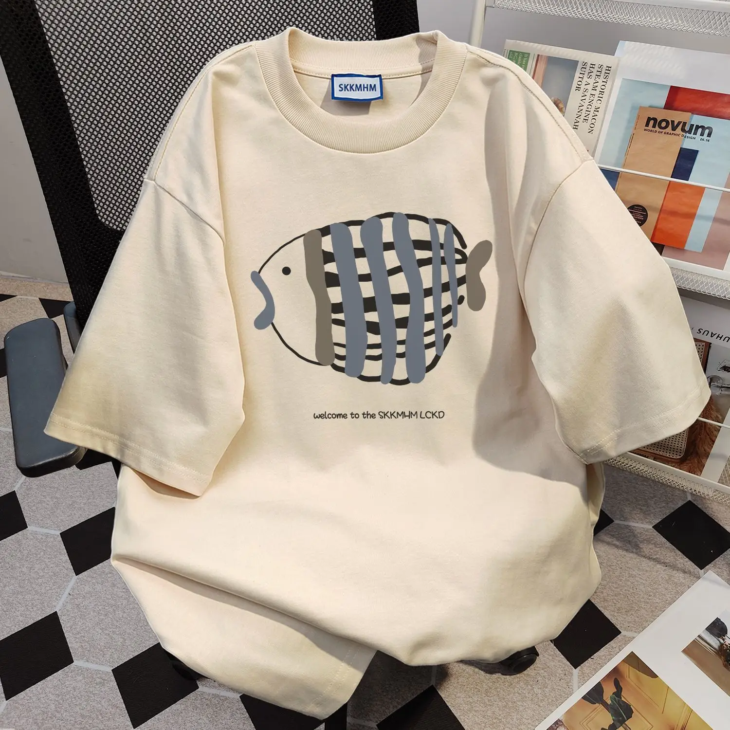 아메리칸 스트리트 레트로 물고기 프린트 라운드 넥 반팔, 남녀공용 루즈 패션, 개성 캐주얼 티셔츠 탑, y2k, 여름
