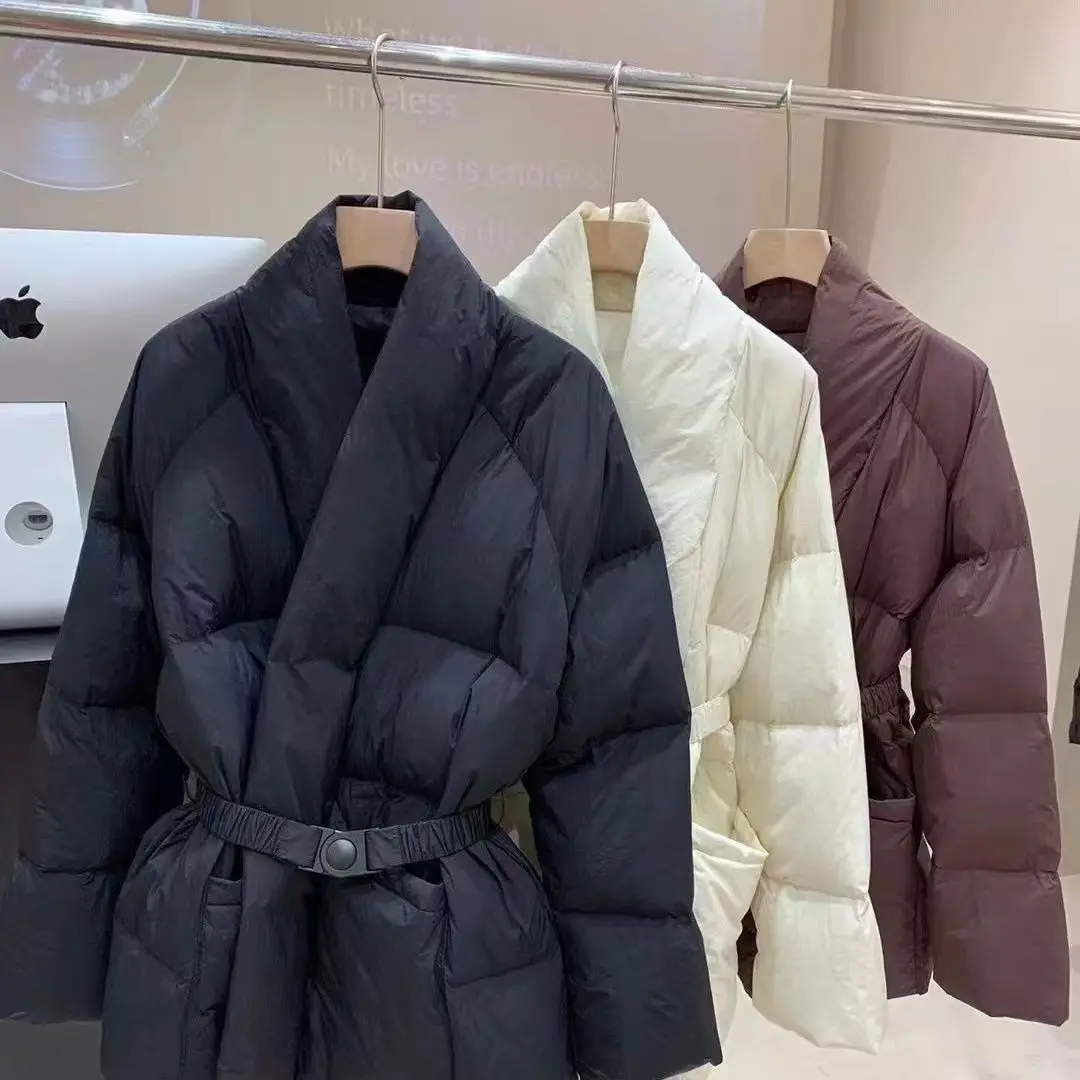 Women Winter V Neck Down Cotton Jacket 2025 New Women Warm Thicken Cotton Coat Korean Belt Waist Winter Outwear Women Parka Coat