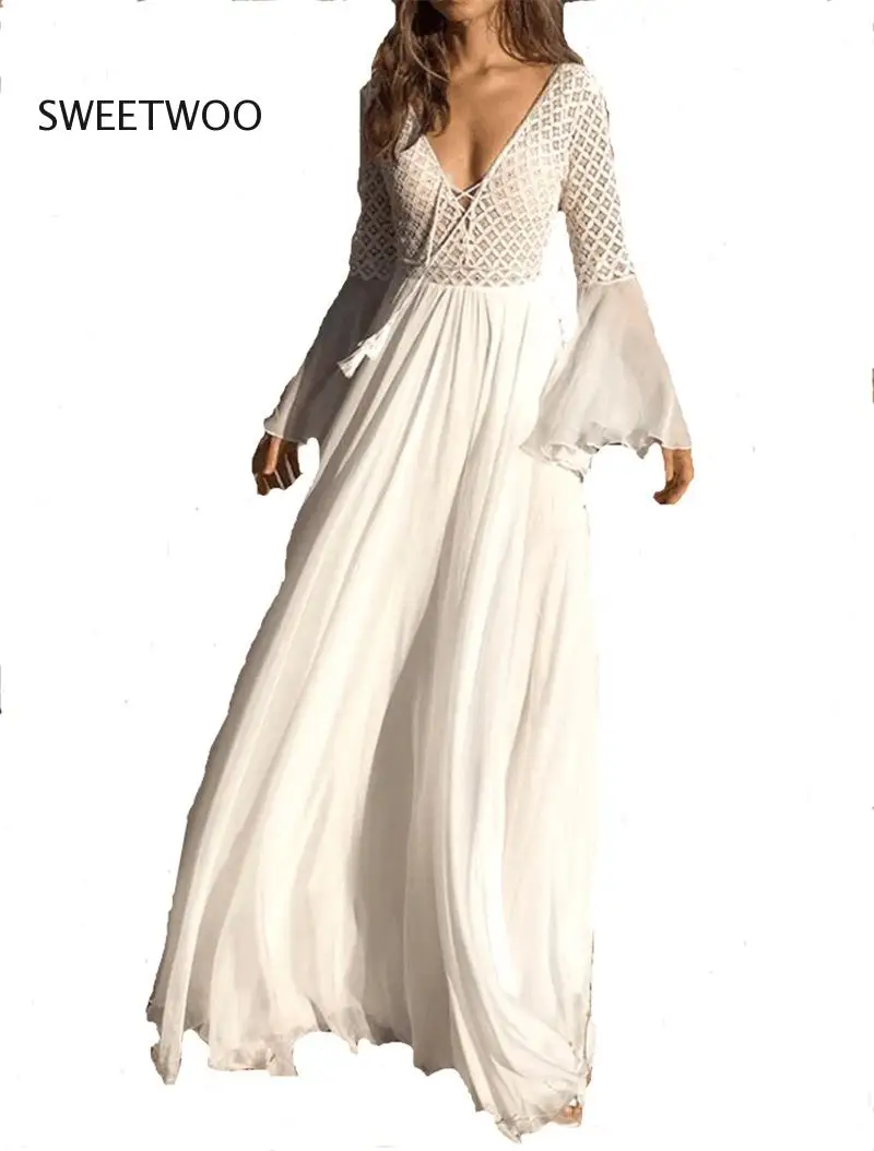 

2023 European and American Spring/summer Bohemian Lace Splice Dress Deep V-Neck Flare Sleeve Waist Pulling Long Dress