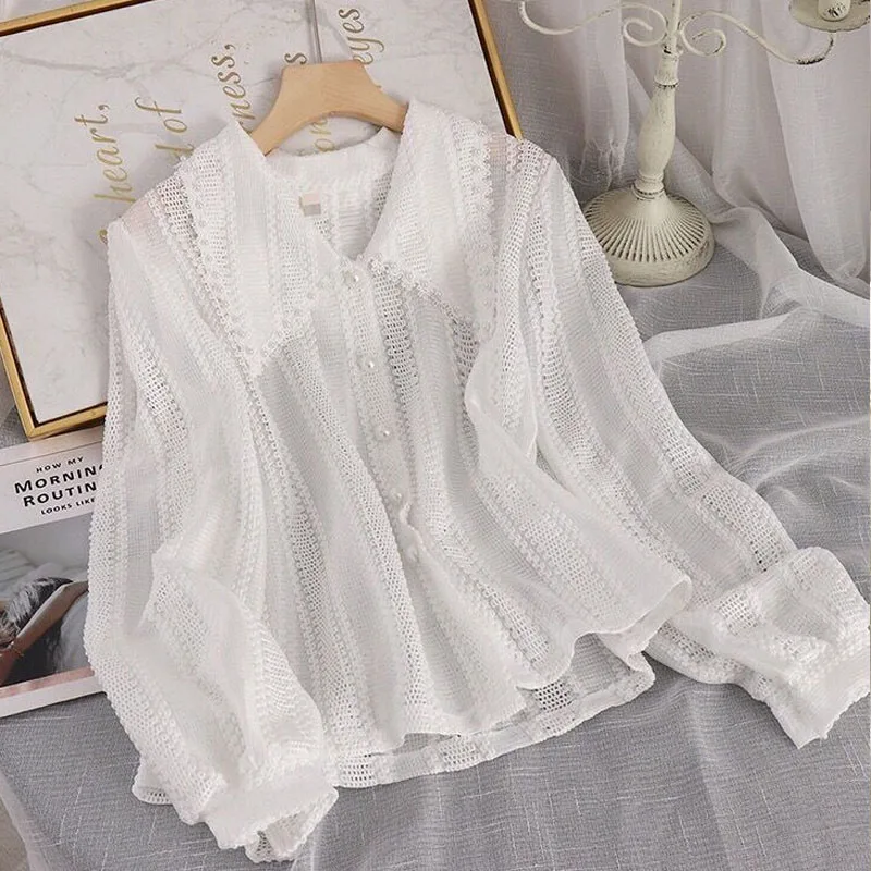 Elegant Lace Shirt Women Fashion Long Sleeve Peter Pan Collar Tops Autumn New 2025 Shirts Office Ladies Hollow Out Blouse 14562