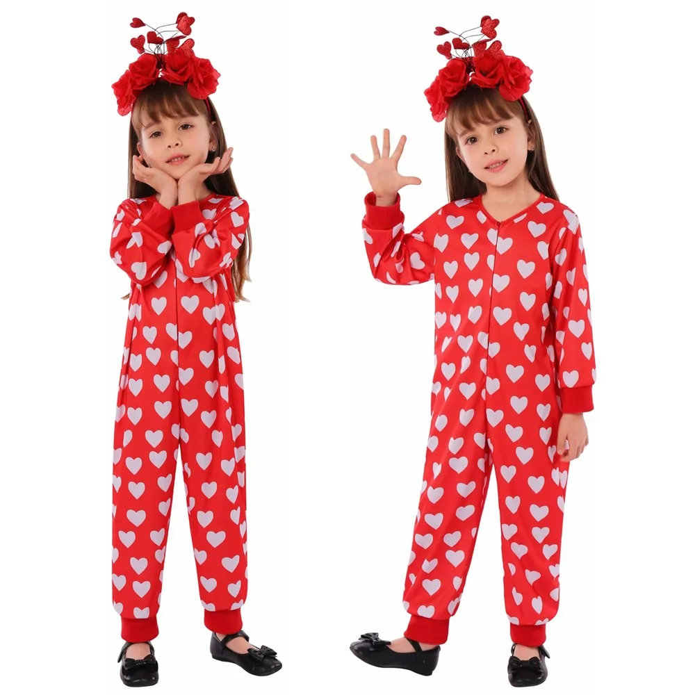 

Girls Valentine's Day Bodysuit Love Heart Cosplay Costume School Stage Performance Outfits Halloween Carnival Party Jumpsuit