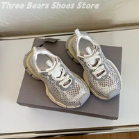 Novelty Mesh Hollow Crystal Patchwork Round-Toes Woman Sneakers Mixed Colors Lace-Up Anti-Slip Platform Heels Zapatillas 35-44 1