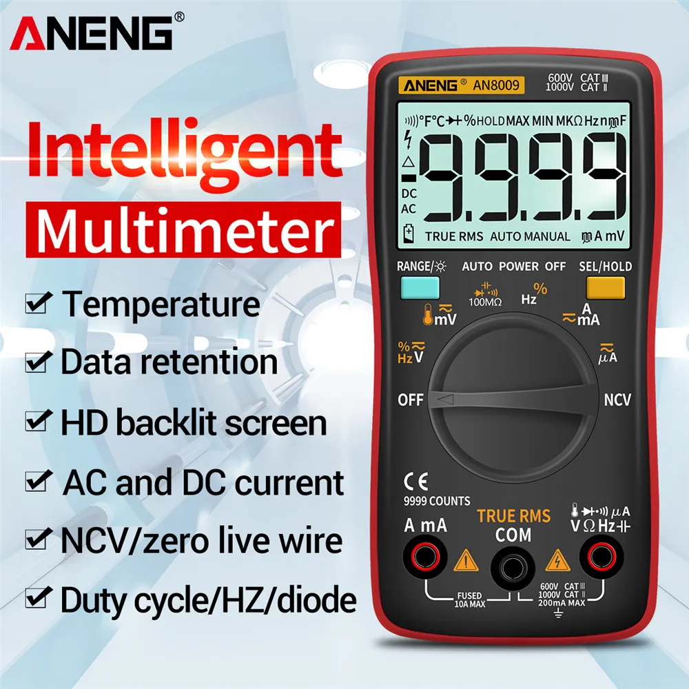Digital Multimeter ANENG AN8008/AN8009 Mini Digital Multimeter rm 409b double fuse auto-range medidor el&eacute;ctricoTrue-RMS Transistor Capacitor Teste