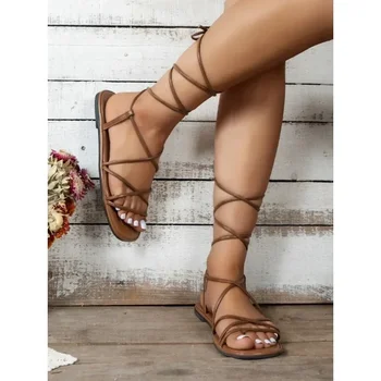 Flat sandals women's summer open-toe leg lace-up sandals non-slip casual fashion lace-up Roman women's shoes large size 1