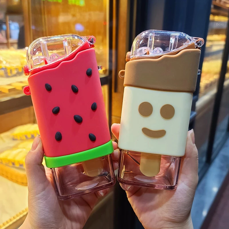 

Portable Leakproof Kettle with Straw Cartoon Cute Donut Ice Cream Water Bottle Rainbow Creative Square Watermelon Cup