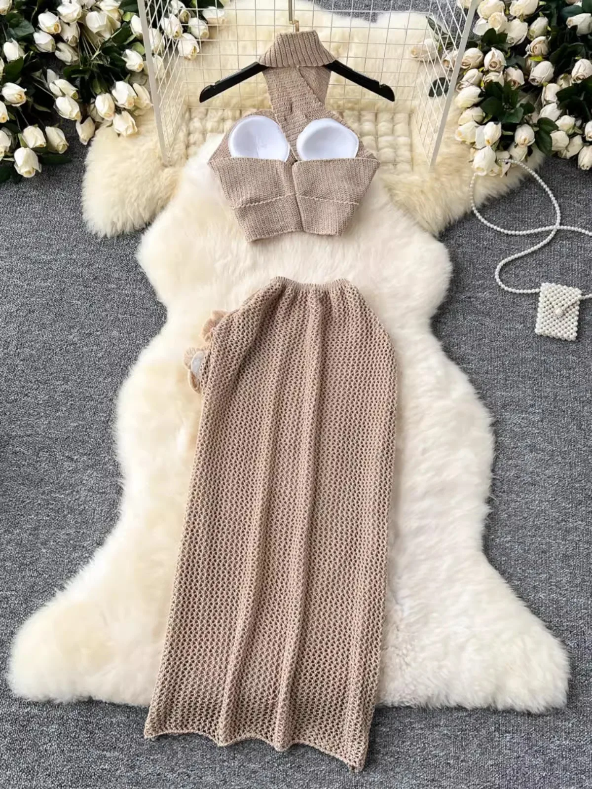 Summer Sexy Women 2 Piece Set Outfit Fashion Knitted Two Pieces Suits Halter Cropped Top And High Waist Hollow Out Midi Skirts
