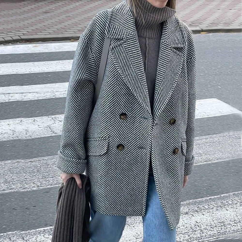 

Korean Autumn Clothes Women Clothing 2023 New Arrivals Women's Suit Jacket Herringbone Double Breasted Warm Coat Woman Blazers