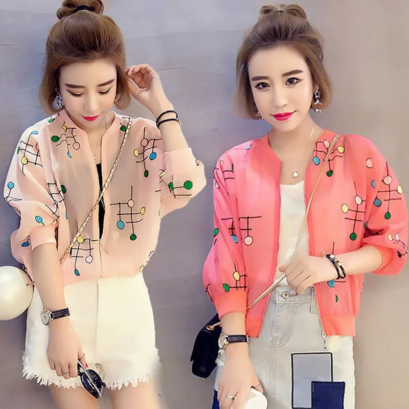 Women Zipper Sweatshirt Short Jacket Summer Sunscreen Clothing Summer Large Size Cardigan Chiffon Quarter Sleeves Tops Coat