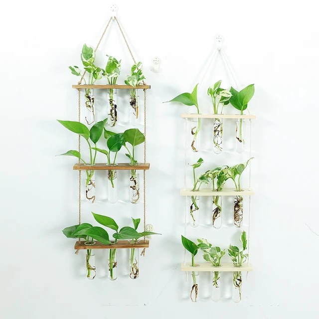 3-Rétegű Tenyészplatform Fa Keret Retro Függő Típusú Hidroponikus Növény Konzol Kémcső Otthoni Irodai Terasz Dekoráció