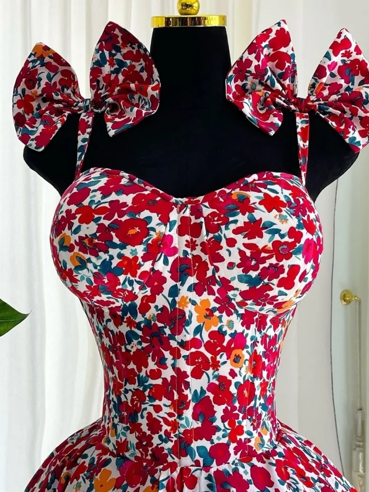 Wmstar Dresses for Women Wholesale Floral Print V Neck Tank Slip Bow Makes A Tall Waist Look Mini Dress 2025 New in Summer