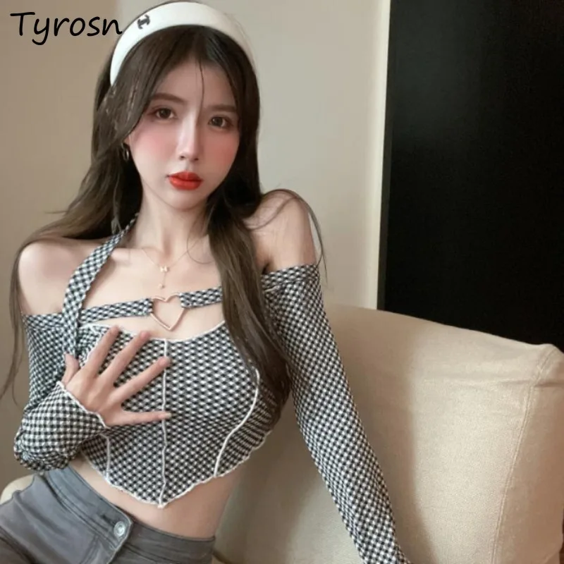 

T-shirts Women Summer Sexy Fashion Simple Slim Design Halter Leisure Cozy Tender Cropped Tops Daily Long Sleeve Ulzzang Ladies