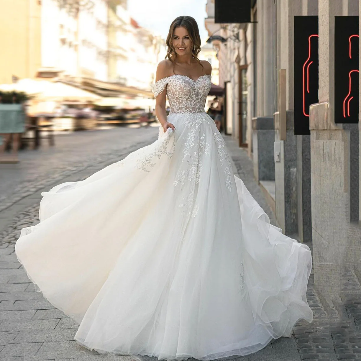 

2022 Aviana Lace Appliqué Sweetheart Wedding Dress For Women A-Line Off The Shoulder Court Train Bridal Gown Vestido De Novia