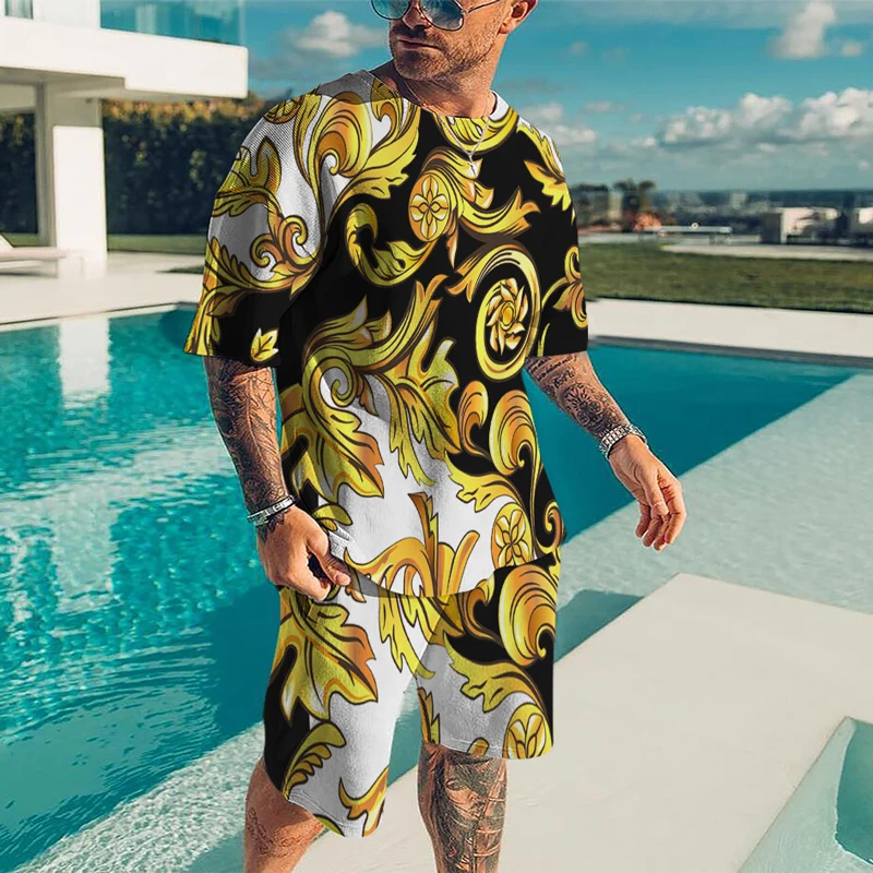 Men Summer Luxury Brand Tracksuit Male Vintage T-Shirt Short Pants Set Fashion Clothing 2 Pieces Casual Outfit Suit Streetwear
