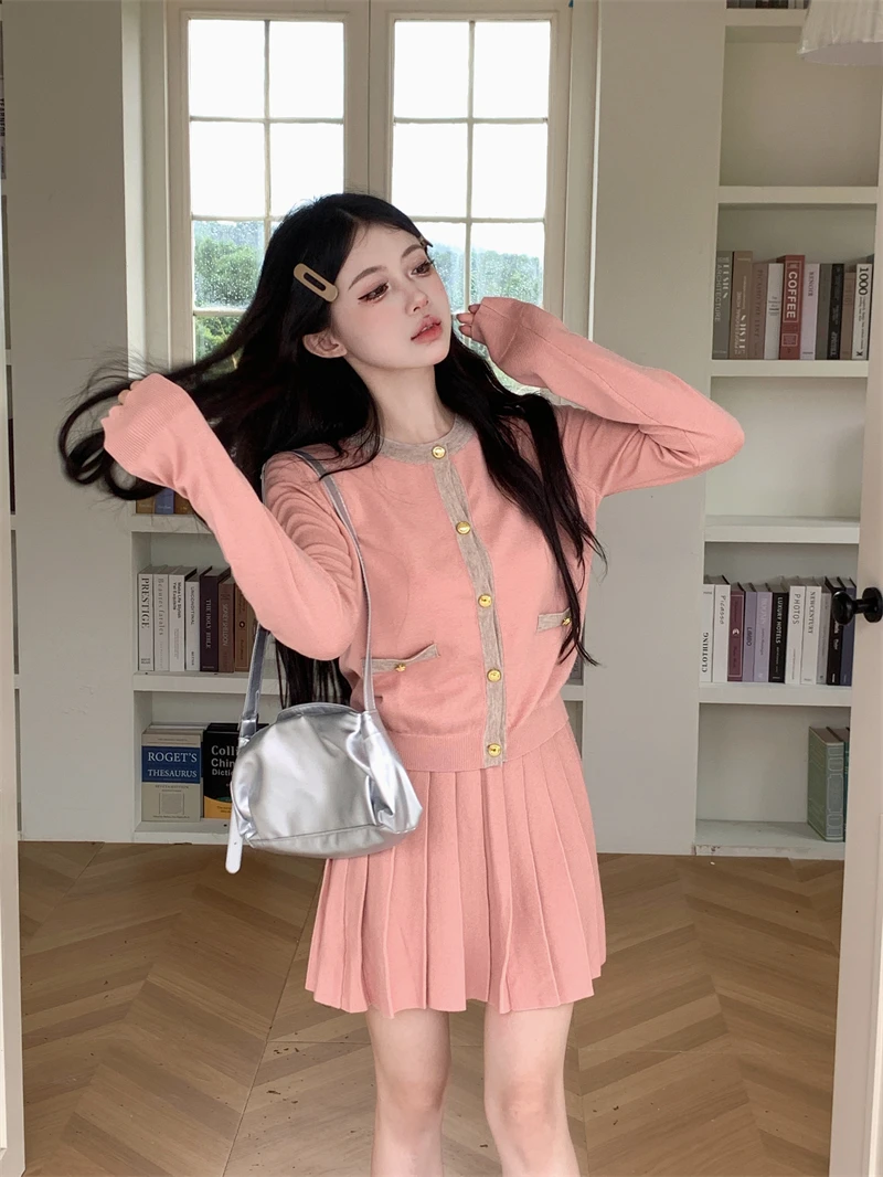 Korean Fashion Knitted Two-piece Skirt Set Women Single Breasted O-neck Top Pleated Mini Skirt Autumn Elegant Outfits Knitwear