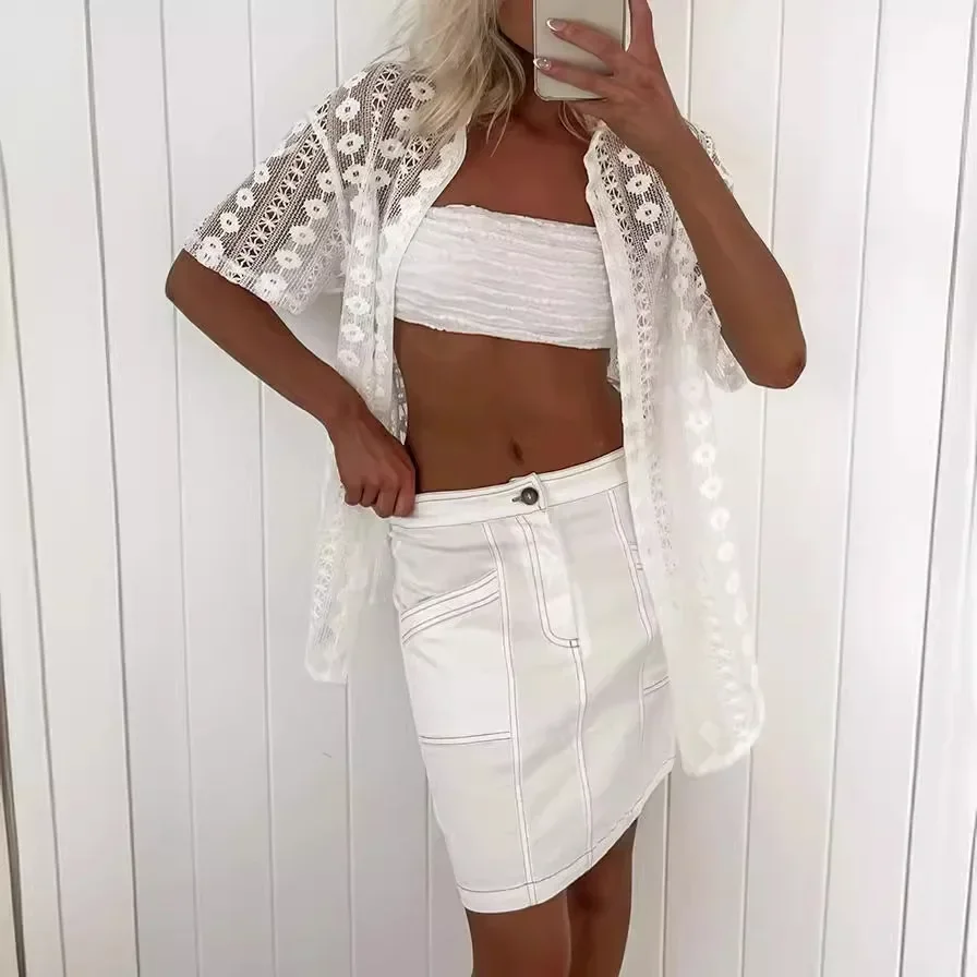 Women Casual Solid Shorts 2 Piece Set Loose Hollow Out Summer Half Sleeve Tops Short Pant Matching Sets White Ladies Outfit