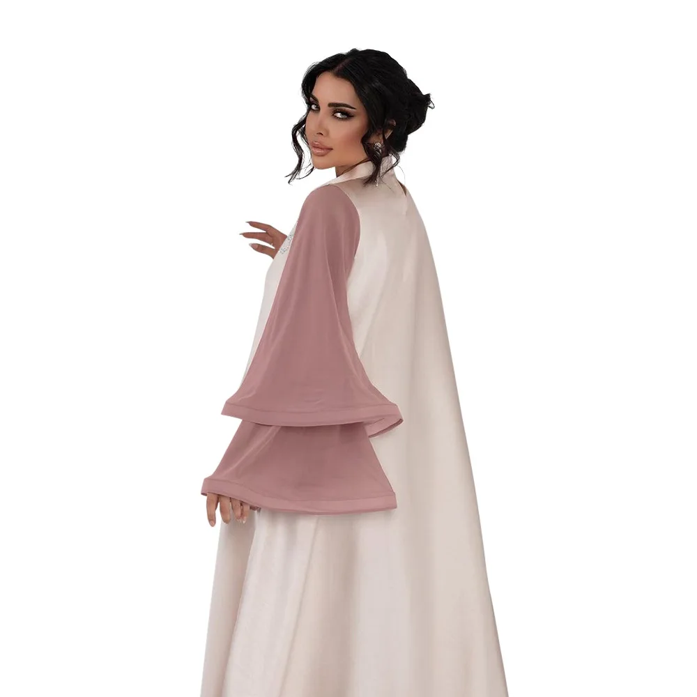 Women Swing Dress Abaya Pink Patchwork Sleeves Office Lady Long Dress Flare Sleeves With Diamond Satin Robe Dress Dubai Muslim